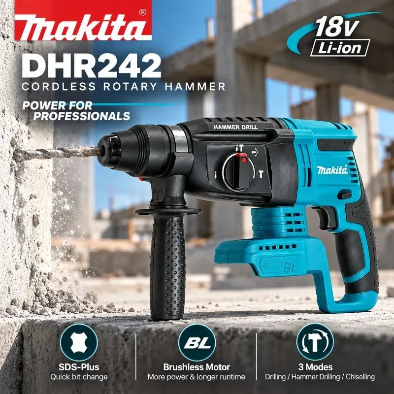 Makita DHR242, trapano a percussione rotante senza fili 18V LXT, motore brushless, 24 mm, per calcestruzzo, 4700 IPM, 2,0 J, sistema SDS Plus, 3 modalità, utensile elettrico per impieghi gravosi, compatibile con le batterie