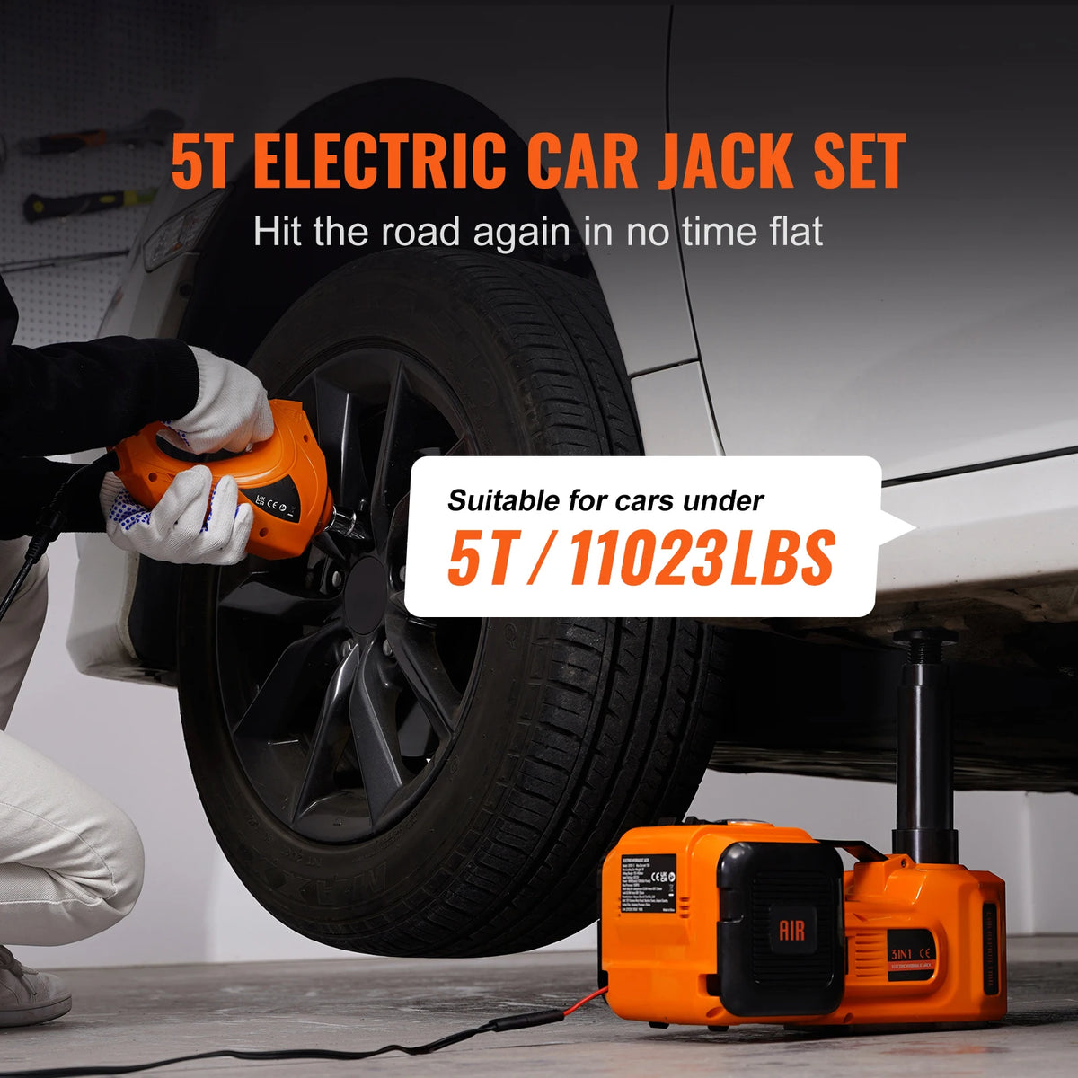 SucceBuy Getto idraulico per auto elettrica 5T con avvitatore elettrico Pompa gonfiabile incorporata, luce a LED per camion berlina SUV