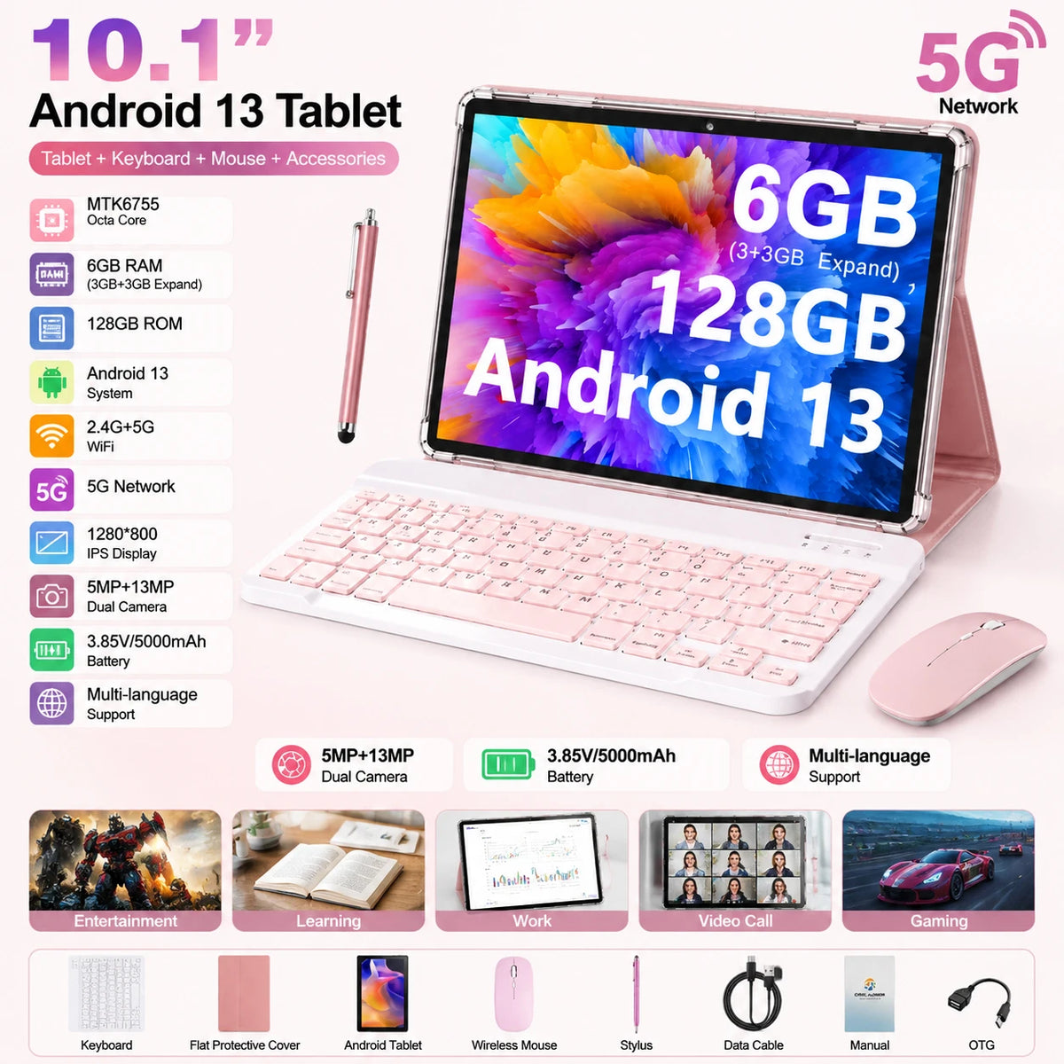 Tablet Android Koomdigi T30 Pro, dotato di schermo touchscreen HD da 10,1 pollici con risoluzione 1280x800, memoria interna da 128 GB con possibilità di espansione fino a 1 TB tramite scheda TF, processore MTK, tastiera e cu