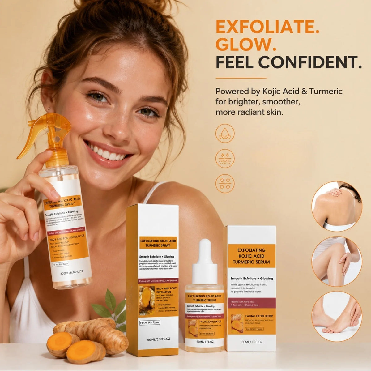 Set per la Cura della Pelle con Spray ed Siero Esfoliante all'Acido Kojico e Curcuma, Esfoliazione Delicata, Migliora il Tono Opaco, Kit Illuminante e Levigante