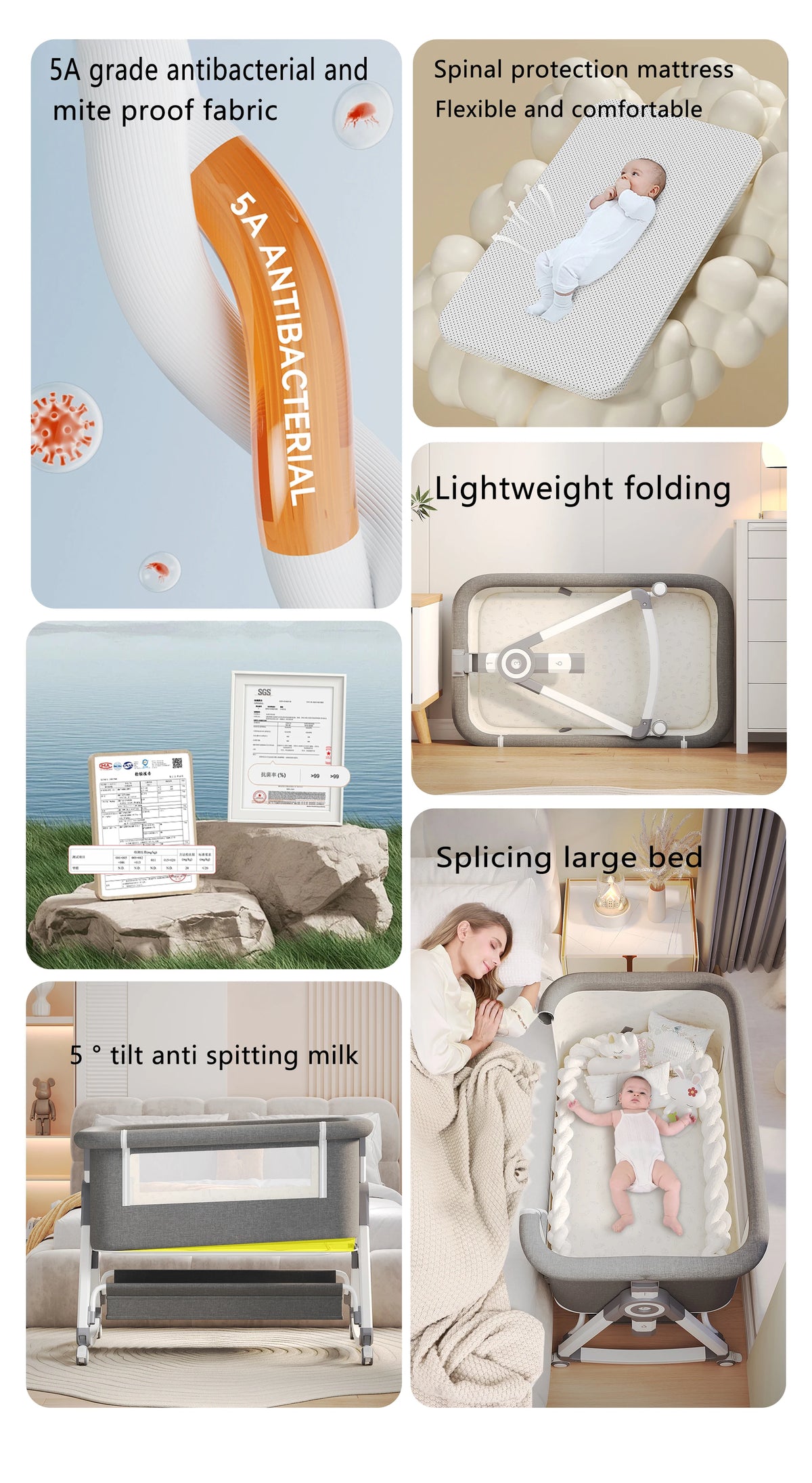 Culla combinata 3 in 1 per neonati, lettino da affiancare al letto, box per bambini, ruote girevoli, altezza regolabile, con materasso confortevole e zanzariera
