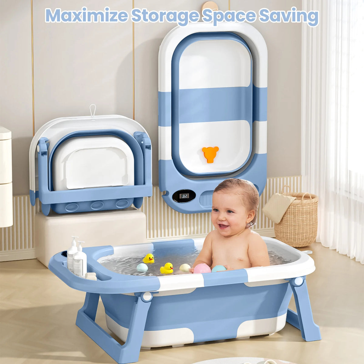 Vasca da bagno per neonati con foro di scarico, pieghevole, con cuscino morbido, portatile da viaggio, antiscivolo integrato