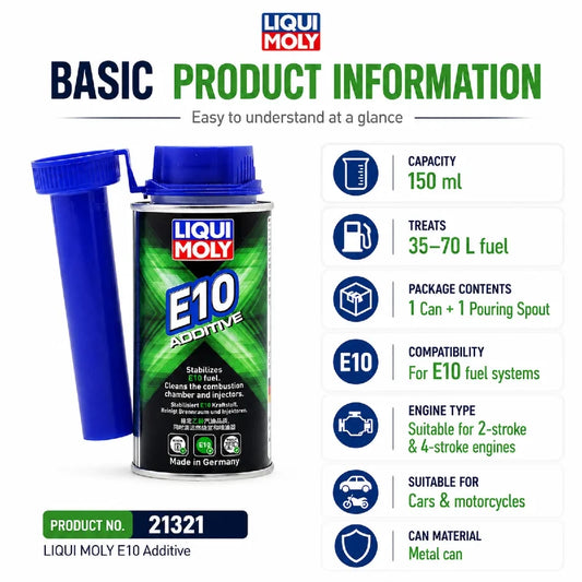 LIQUI MOLY E10 Additivo 21321 150ml Pulitore per Sistema di Alimentazione Benzina Cura degli Iniettori per Auto e Moto
