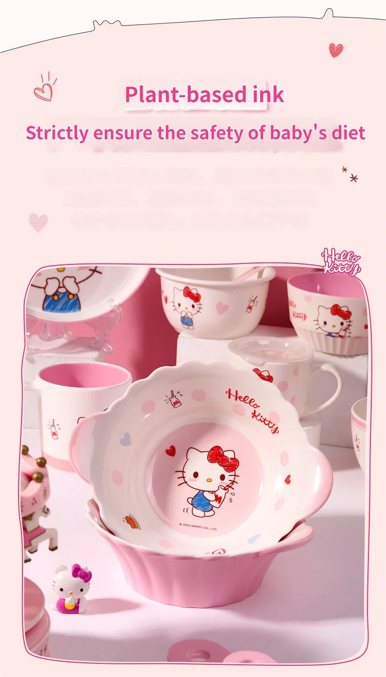 WUHE Set di Stoviglie per Bambini Hello Kitty, Ciotole e Piatti in Melamina, Design Cartoon per Ragazze, Senza BPA, Infrangibile, Lavabile in Lavastoviglie