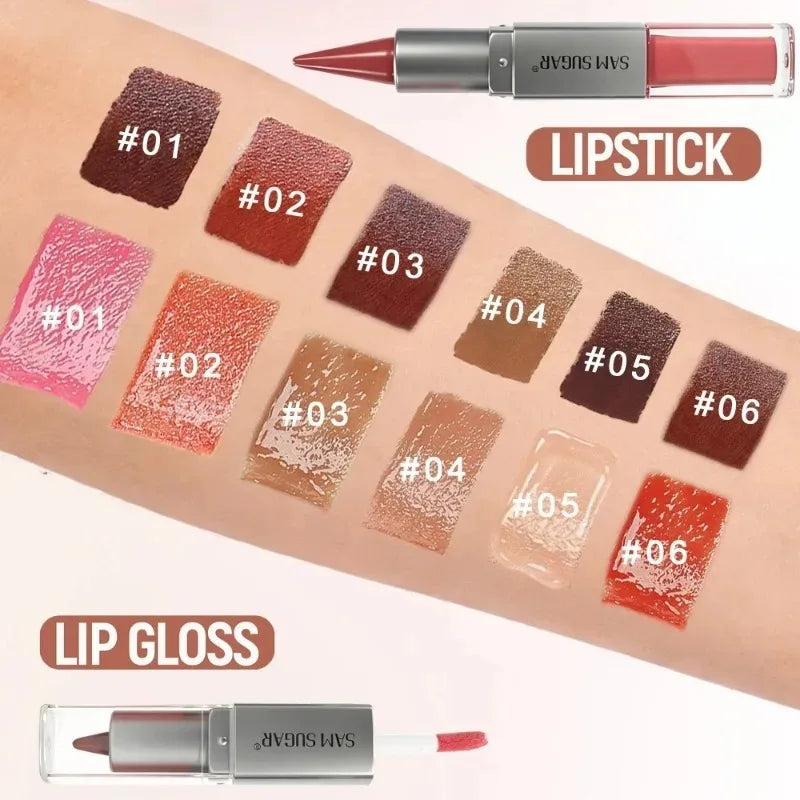 Matita Labbra 2-in-1 Sfumata Marrone Nude con Lucidalabbra Effetto Specchio e Contorno Labbra Opaco Impermeabile per Trucco