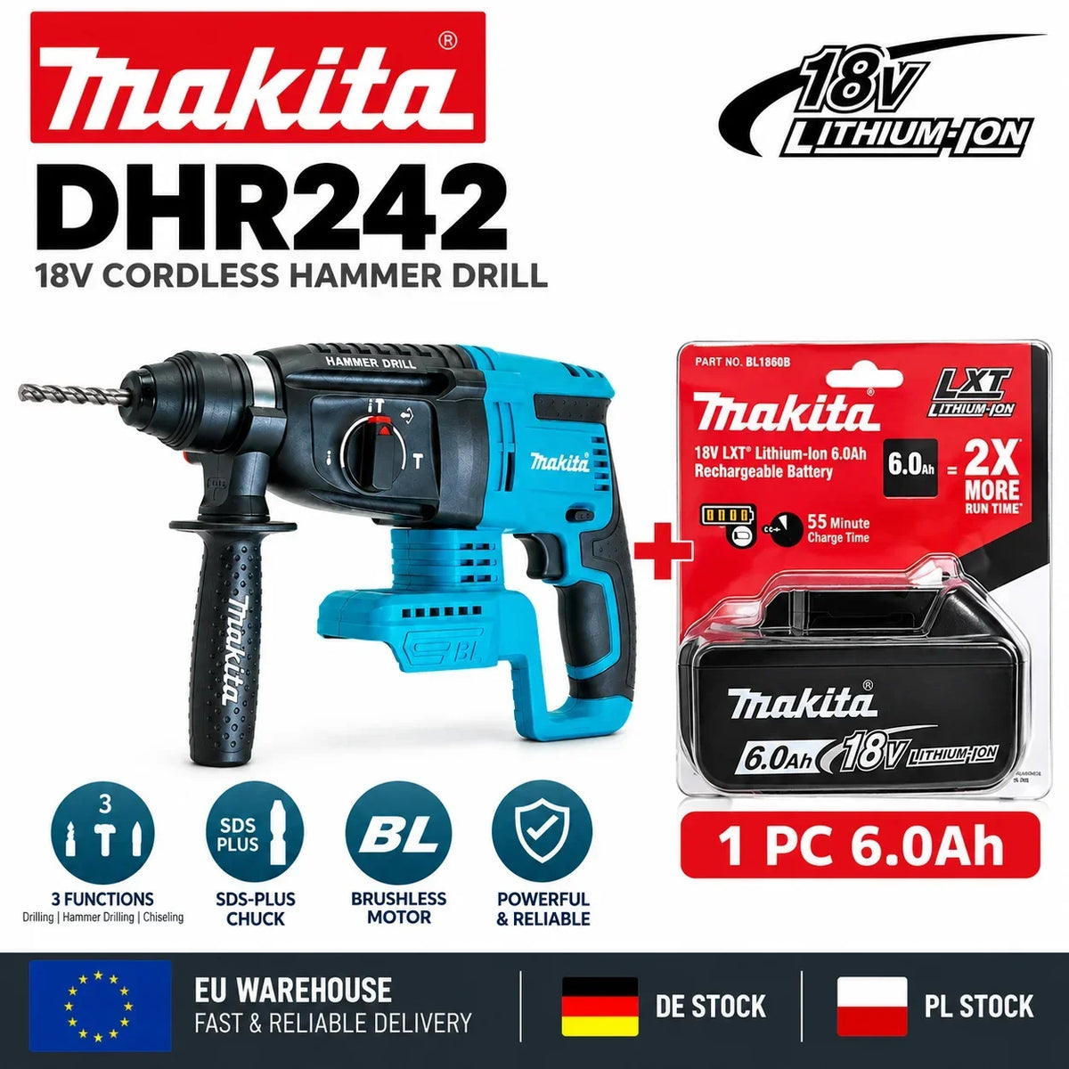 Trapano a percussione rotante senza fili Makita DHR242 18V, capacità per calcestruzzo 24mm, SDS Plus 4700 IPM 2.0J, utensile da costruzione per impieghi gravosi a 3 modalità, compatibile con BL1860B BL1850B BL1815, spedizio