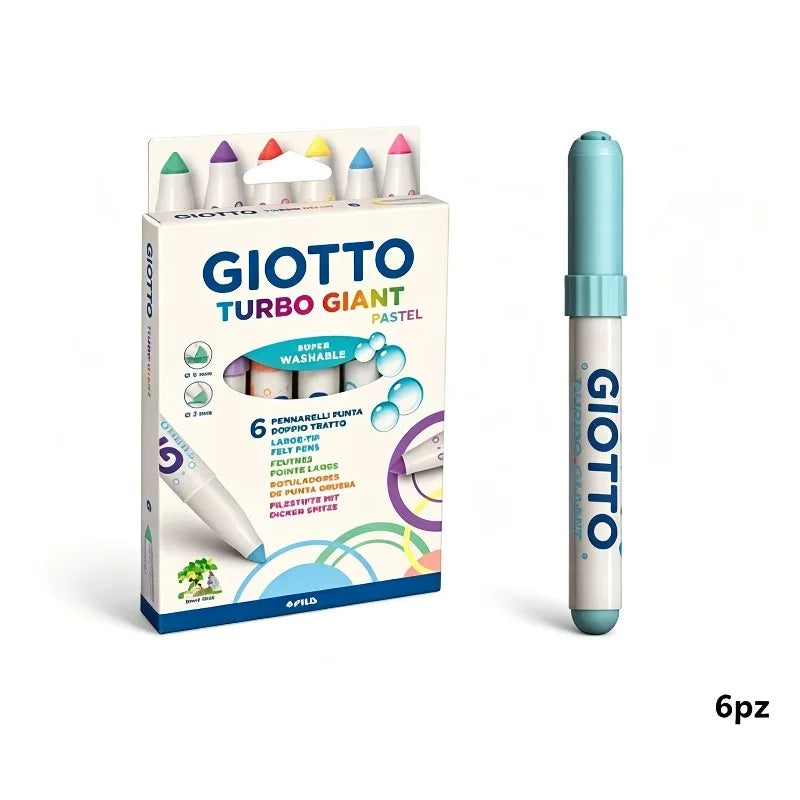 GIOTTO Set da 6 Pennarelli Pastello Turbo Giant Super Lavabili con Punta Larga in Feltro per Disegno, Colorazione, Progetti Artistici Scolastici per Bambini