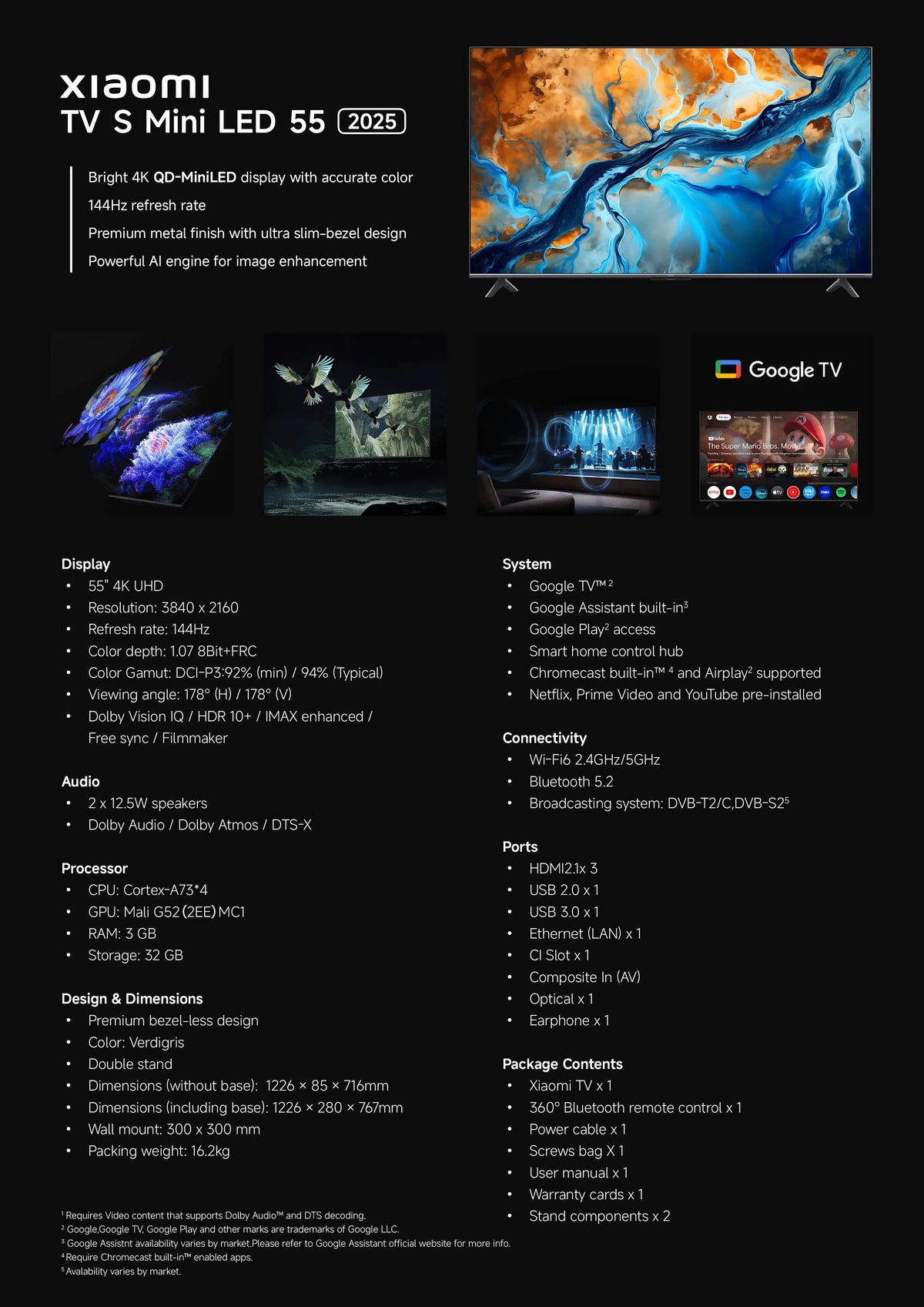 Xiaomi S Mini 55 144Hz Qd-Mini Led Dolby Vision ® Iq, Dolby Atmos ® Google TV