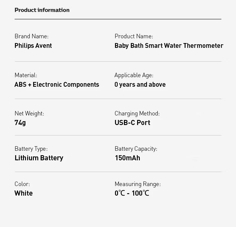 Termometro Digitale Philips Avent per Misurare la Temperatura dell'Acqua, Lettura Rapida in 5s, Ricaricabile USB, Misuratore di Temperatura Galleggiante