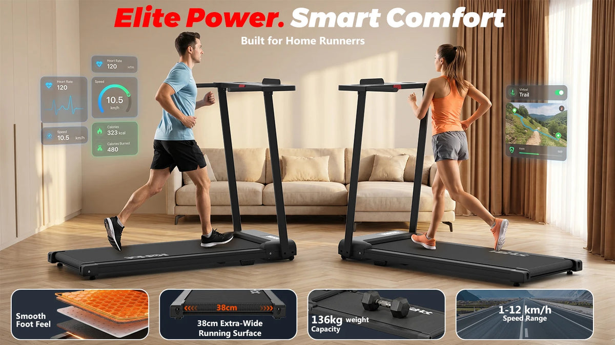 Tapis Roulant Pieghevole 2-in-1 con Controllo APP e Altoparlante Bluetooth, Macchina per Camminare e Correre a Casa 1-12km/h, Motore da 2.0HP di Potenza Massima, Display LED, 12 Programmi Preimpostati, Attrezzatura Fitness Pi