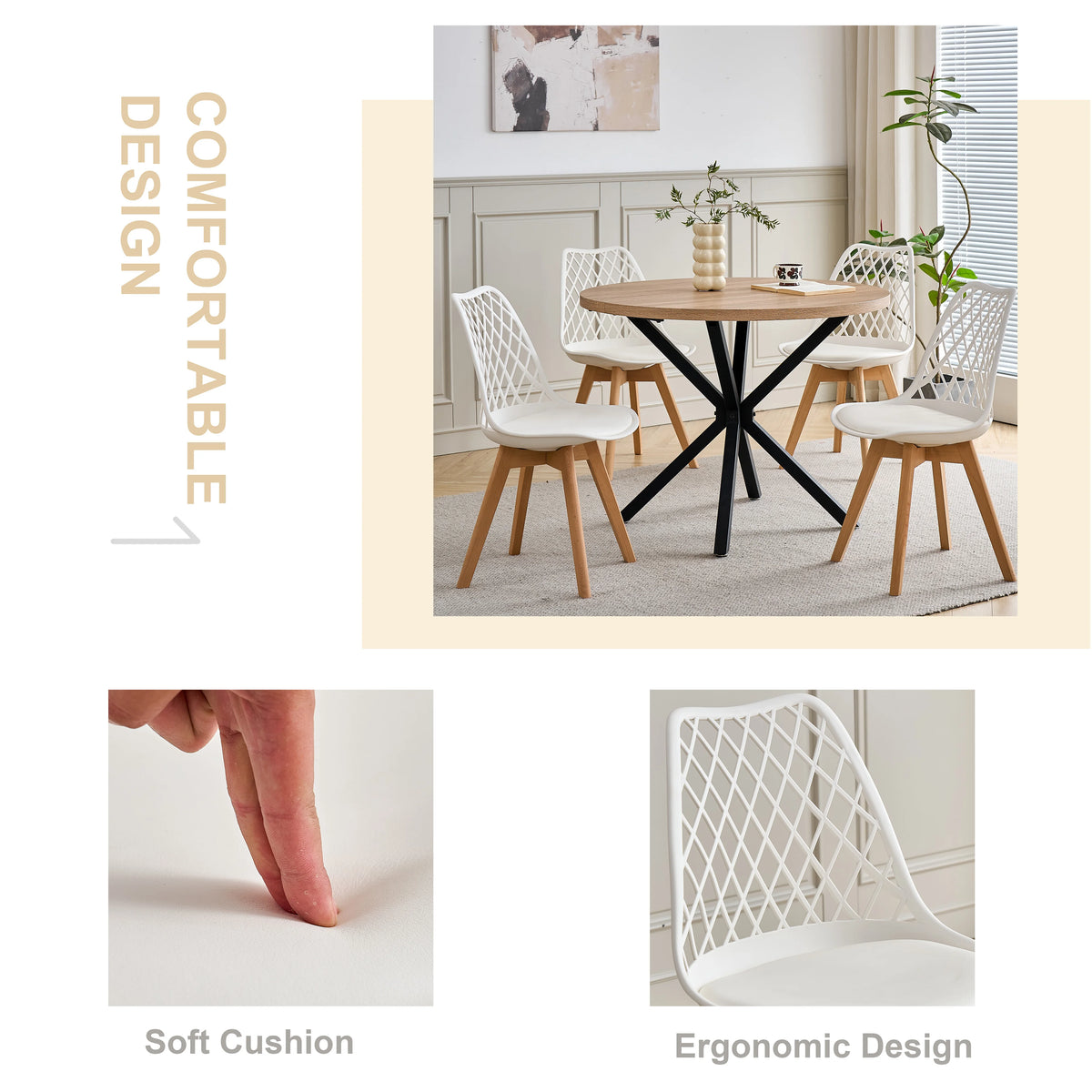 Set di 4/6 sedie da pranzo moderne con schienale in rete con gambe in legno massello e cuscini imbottiti, per sala da pranzo/camera da letto, sedia da caffè