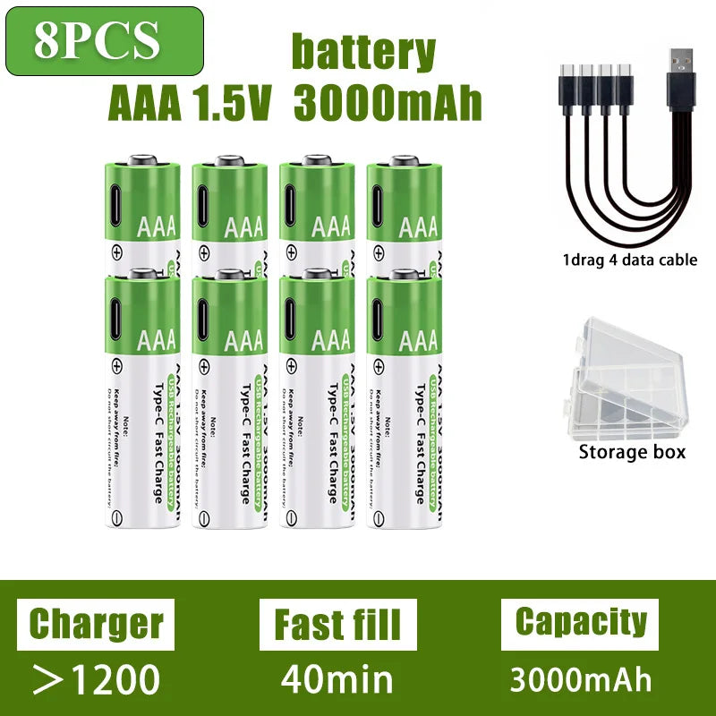 Nuove Batterie al Litio Ricaricabili AA 1.5V 3800mAh + AAA 3000mAh, Ricarica Rapida, 1200 Cicli, con Cavi Gratuiti e Scatola