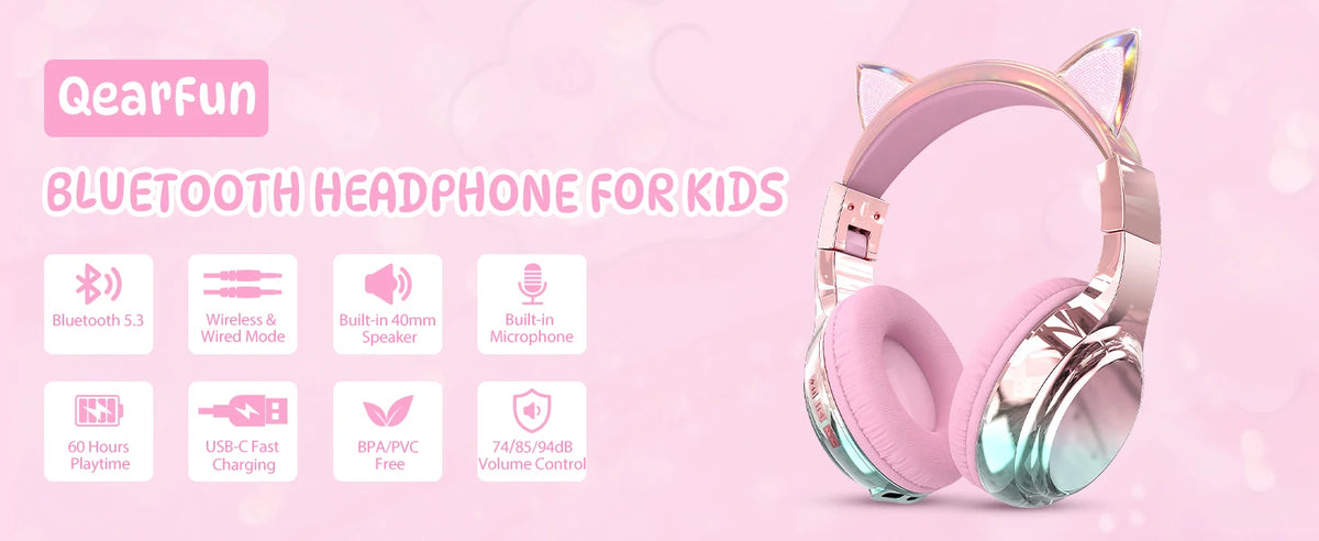 Cuffie wireless a forma di orecchie di gatto per ragazze e bambini, cuffie Bluetooth con volume sicuro 74/85/94dB, cuffie pieghevoli per bambini, ideali per i viaggi