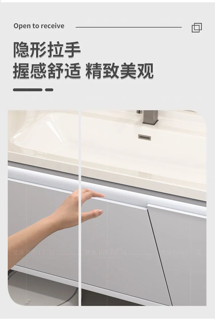 Mobile Bagno Moderno Intelligente con Lavabo Integrato in Ceramica, Armadietti in Rovere, Specchio LED e Mobiletto - Arredamento Bagno