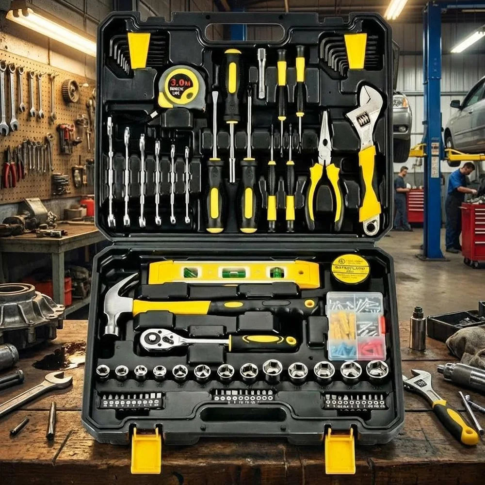 Set di 108 Utensili Manuali per Riparazioni Auto e Casa, Kit con Chiavi a Bussola, Chiavi a Cricchetto, Cacciaviti, Strumenti Portatili per Fai-da-Te con Valigetta