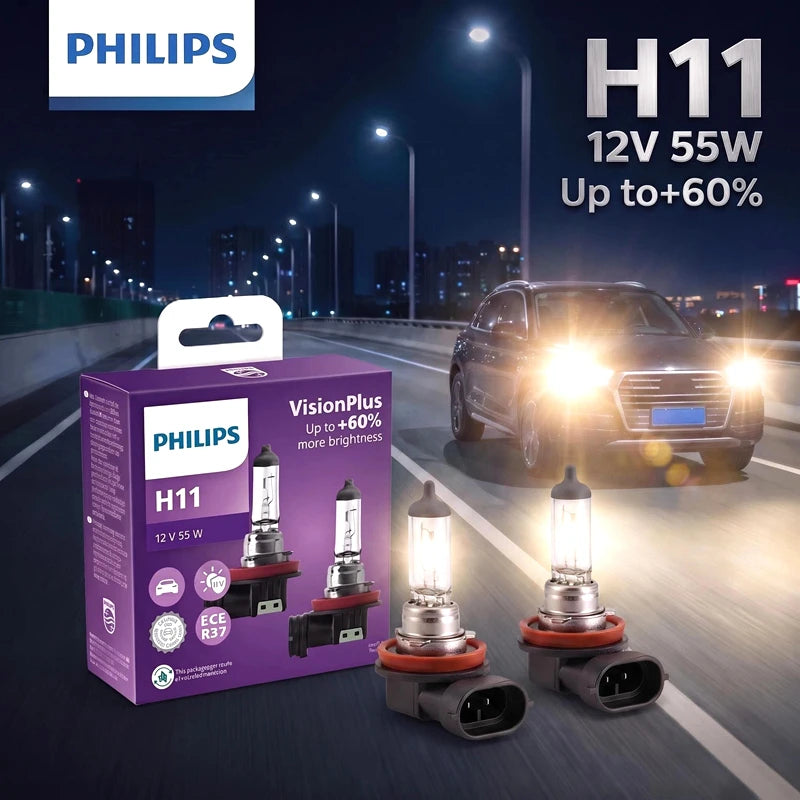 Philips H11 12V 55W PGJ19-2 VisionPlus 3250K Luce intensa Fino al 60% Visione Alogena Lampade per auto originali Faro 12362VPS2