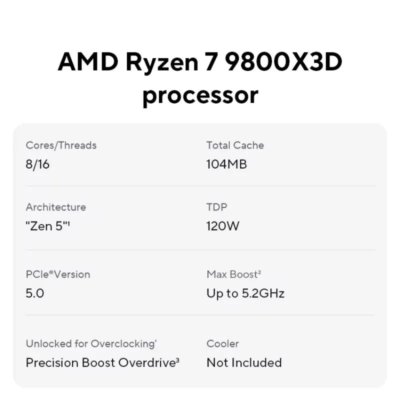 Processore AMD Ryzen 7 9800X3D 8-Core, 5.2GHz Max Boost, 96MB Cache L3, 120W TDP, Socket AM5, Dissipatore Non Incluso