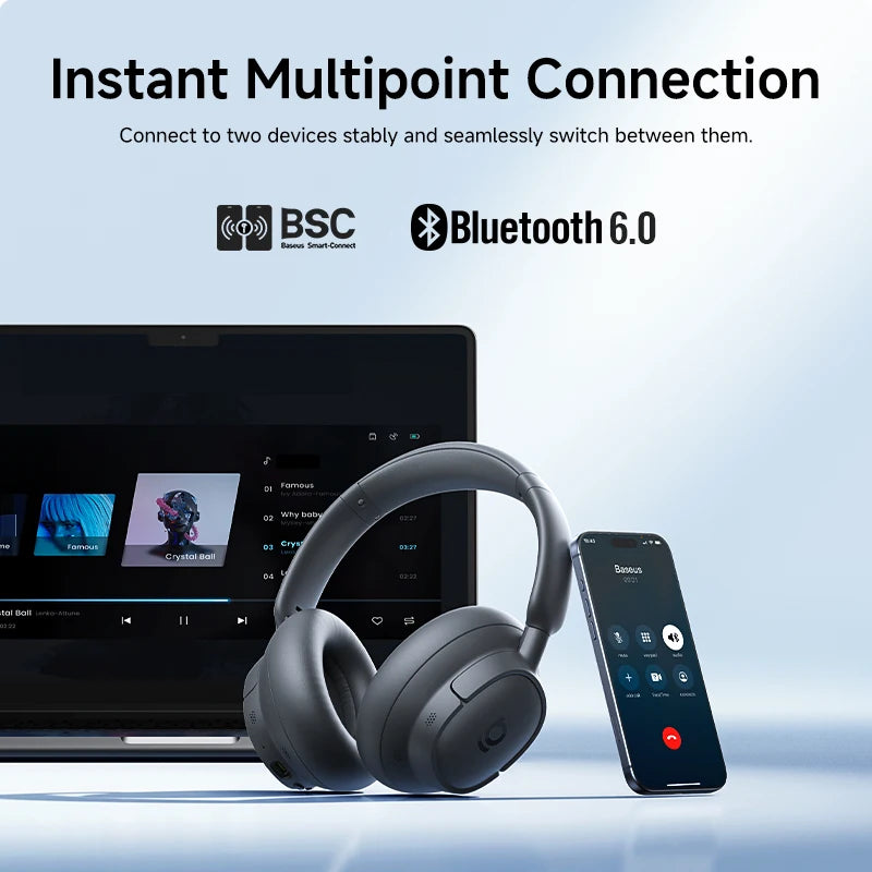 Cuffie Wireless ANC Baseus 80H, Auricolari Over-Ear con 95% di Cancellazione del Rumore, Cuffie Bluetooth 6.0 BH1 NC LITE