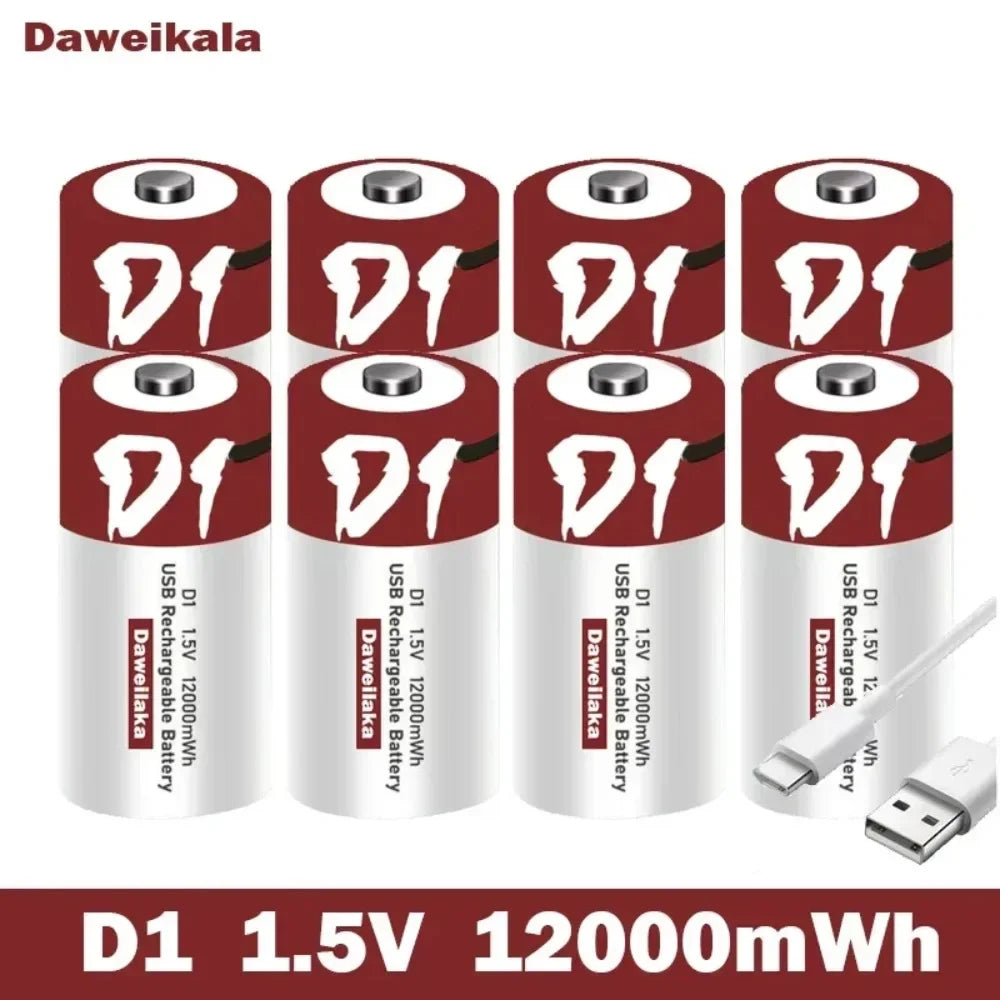 Batteria agli ioni di litio da 1,5 V formato D, 12000 mWh, ricaricabile tramite USB per torce, scaldabagni, giocattoli, include cavo di ricarica gratuito