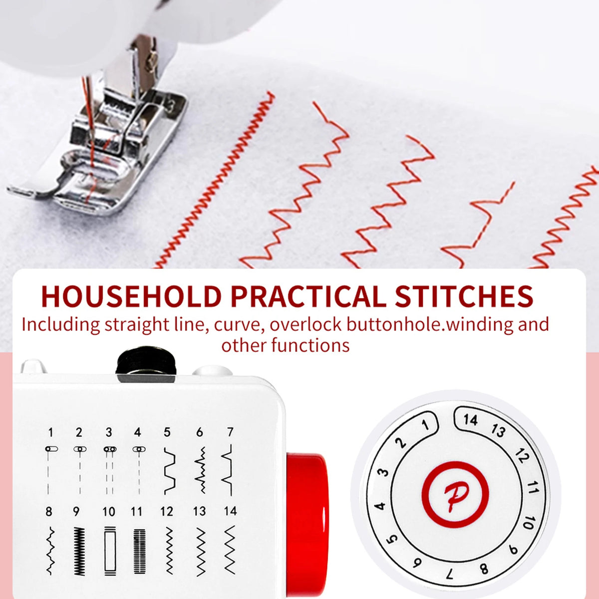 Macchina da Cucire Elettrica Mini 728 Fai-da-te con 14 Punti, Tavolo di Estensione, Kit per Tessuti in Cotone e Cucito, Cucitura Inversa e 14 Tipi di Punti Interni, EU