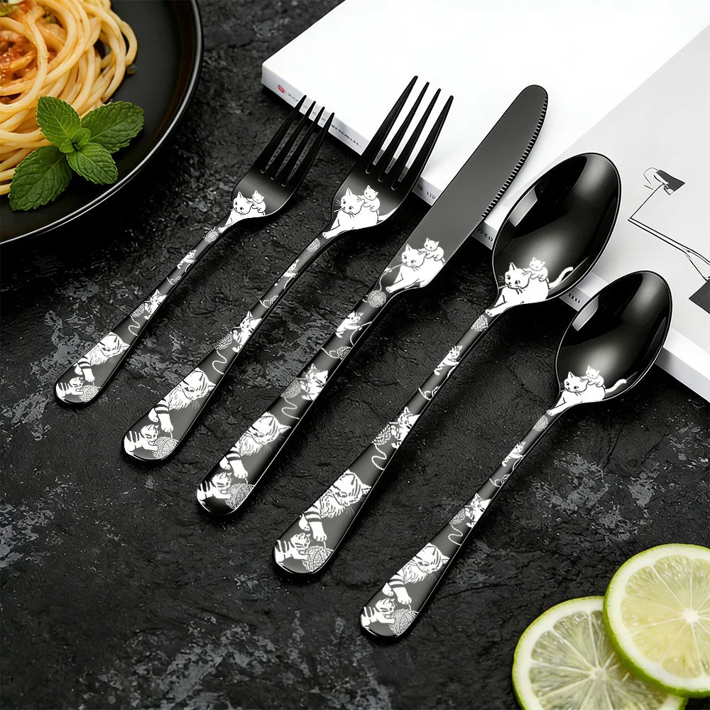 Set di posate in acciaio inossidabile con incisione laser Rose Cat, 4/15/25/40 pezzi, coltello, forchetta, cucchiaio, per coppie, stoviglie per feste
