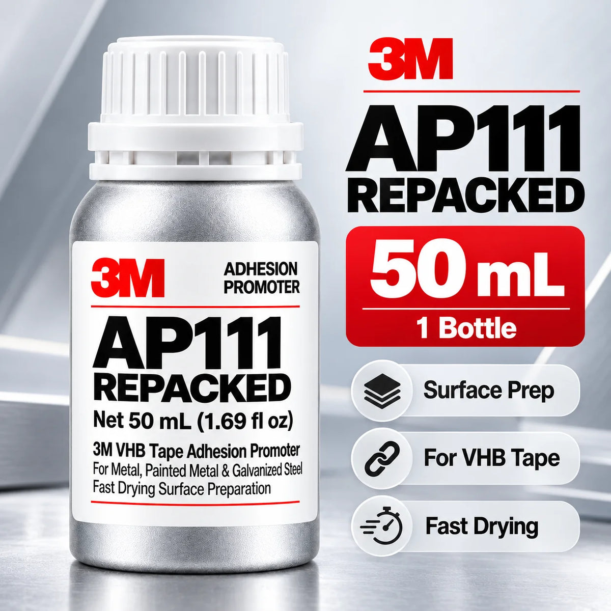 3M AP111 Promotore di Adesione, Primer per Nastro VHB ad Asciugatura Rapida, Preparazione Superficie per Metallo, Acciaio Verniciato e Zincato, Uso Automobilistico, 10ml 50ml