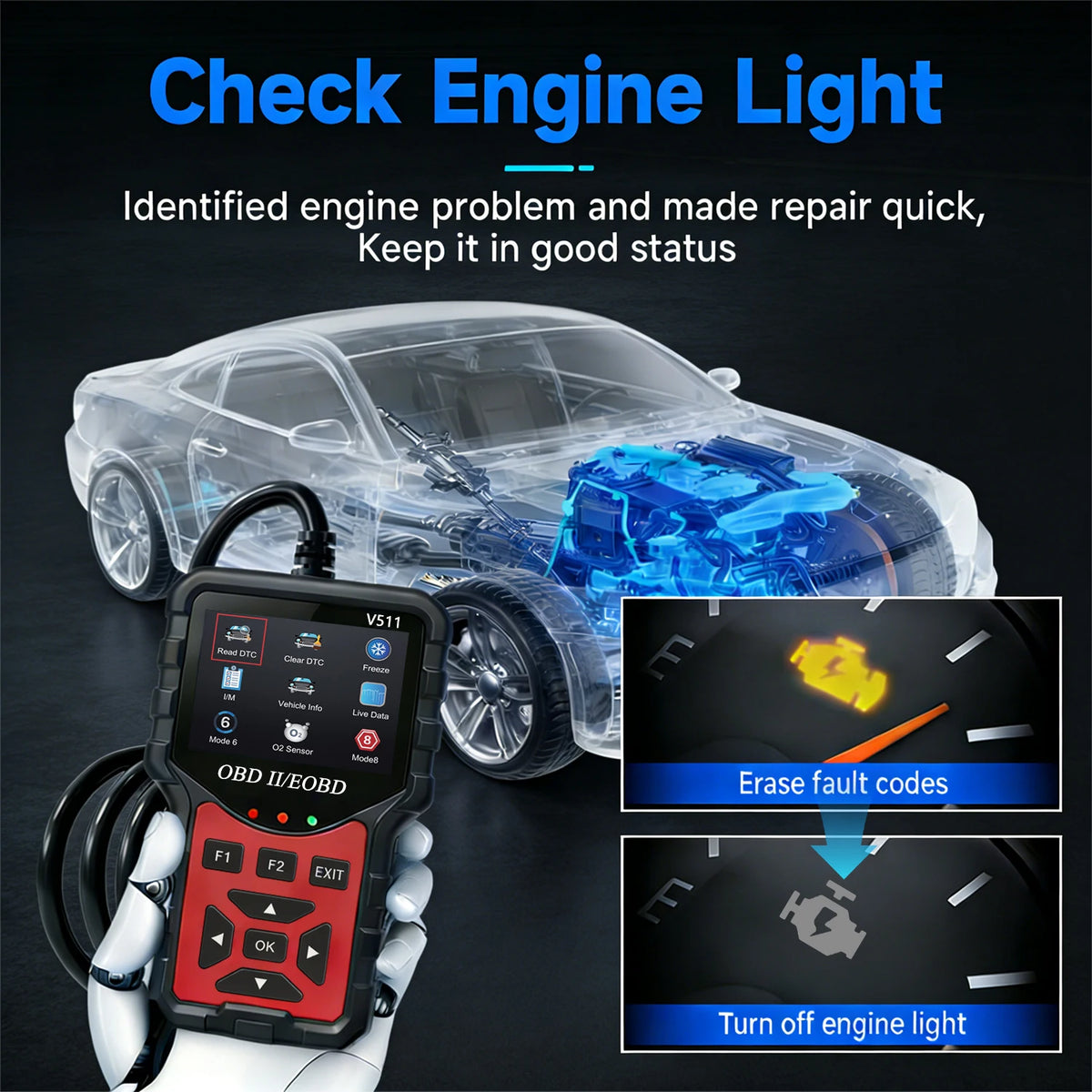 Strumento Diagnostico OBD2 V511, Dotato di Tester per Batteria, Lettore di Codici di Errore del Motore, Dati in Tempo Reale, Funzione di Consultazione DTC e Snapshot