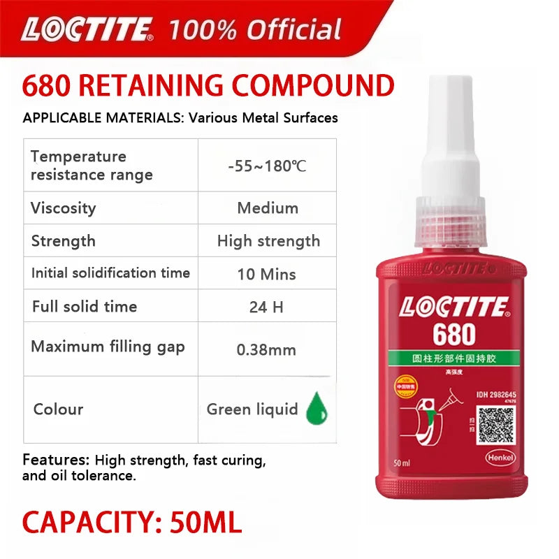 100% originale Loctite 638 660 680 648 603 609 620 660 641 Sigillante anaerobico 50ml Composto di fissaggio ad alta resistenza Frenafiletti