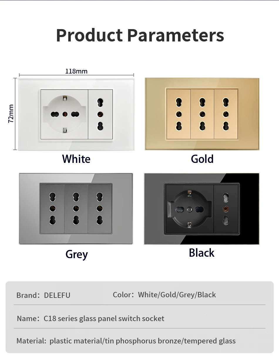 DELEFU Presa a Muro in Vetro Temperato Bianco Italia USB Tipo C Ricarica Rapida Interruttore Schuko TV Satellitare Citofono Cile