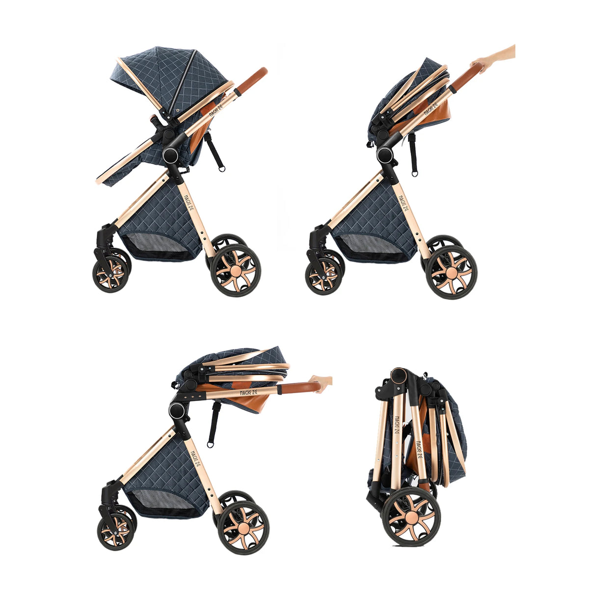 Passeggino Magic ZC 3 in 1, Sistema da Viaggio Compatto e Pieghevole con Navicella, Seggiolino Auto per Neonati e Seduta Reversibile, Carrozzina High Landscape, Ruote Ammortizzate, Manubrio Regolabile, Chiusura con Una Mano,