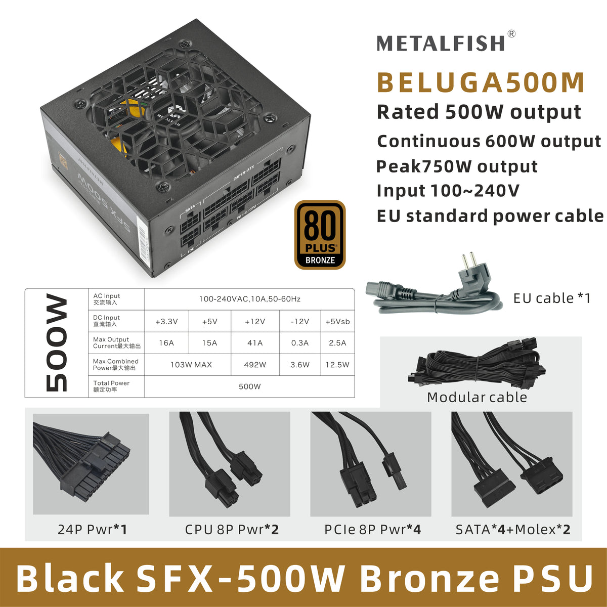 METALFISH SFX 80Plus Bronzo 500/600W PSU Nero Alimentatore Full-Modular per Mini ITX Chassis Piccolo Computer Case Ingresso 100/240V
