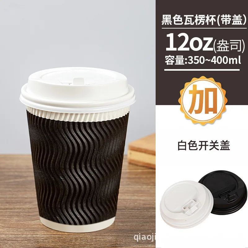 Tazze da caffè usa e getta nere da 12 OZ con coperchi Tazze ondulate a tripla parete per andare a caldo Bicchieri di carta isolati per bevande calde Home Office