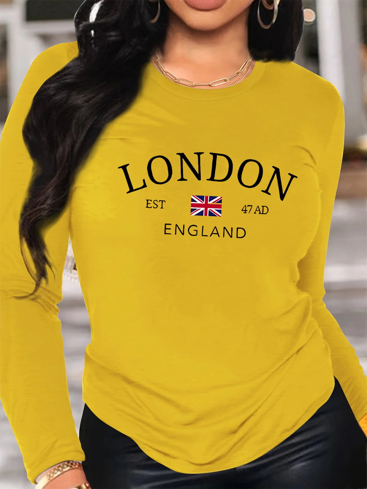 T-shirt da donna in 100% puro cotone, ideale per la primavera e l'autunno, comoda, casual, a maniche lunghe, con stampa a motivi inglese e scollo rotondo.