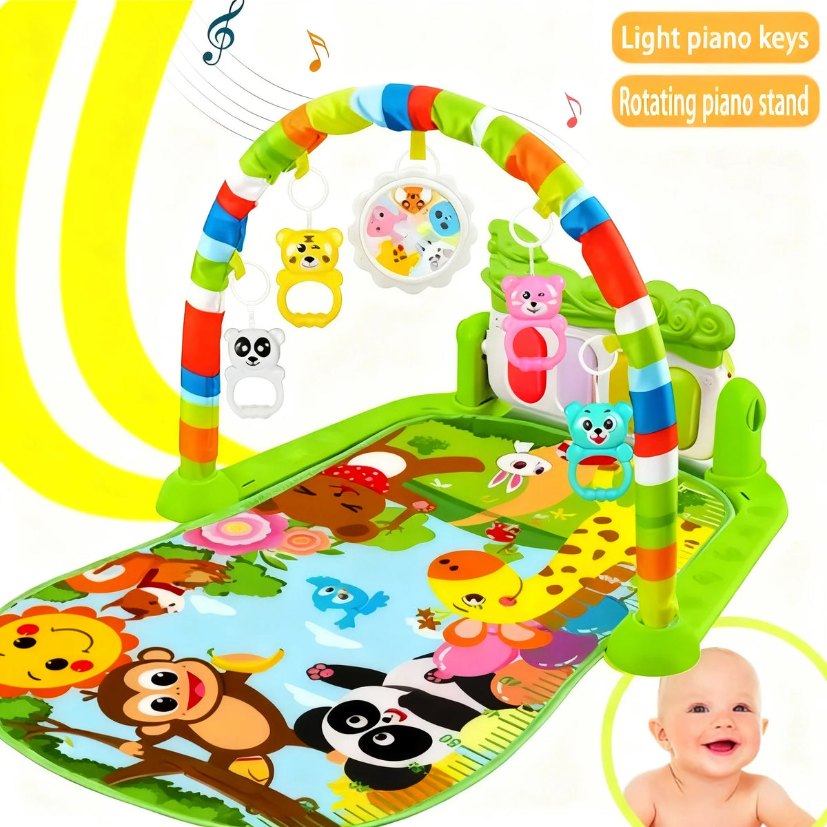 Giochi da palestra per neonati 3 in 1 con pianoforte, tappetino per attività e fitness, giocattoli sospesi, suono musicale, tappetino morbido per gattonare, per neonati e bambini 0-36 mesi