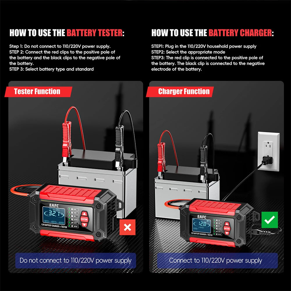Nuovo 2in1 Smart Caricabatteria per auto Tester del sistema Analizzatore batteria per auto moto per batterie al litio LiFePo4 al piombo acido AGM GEL