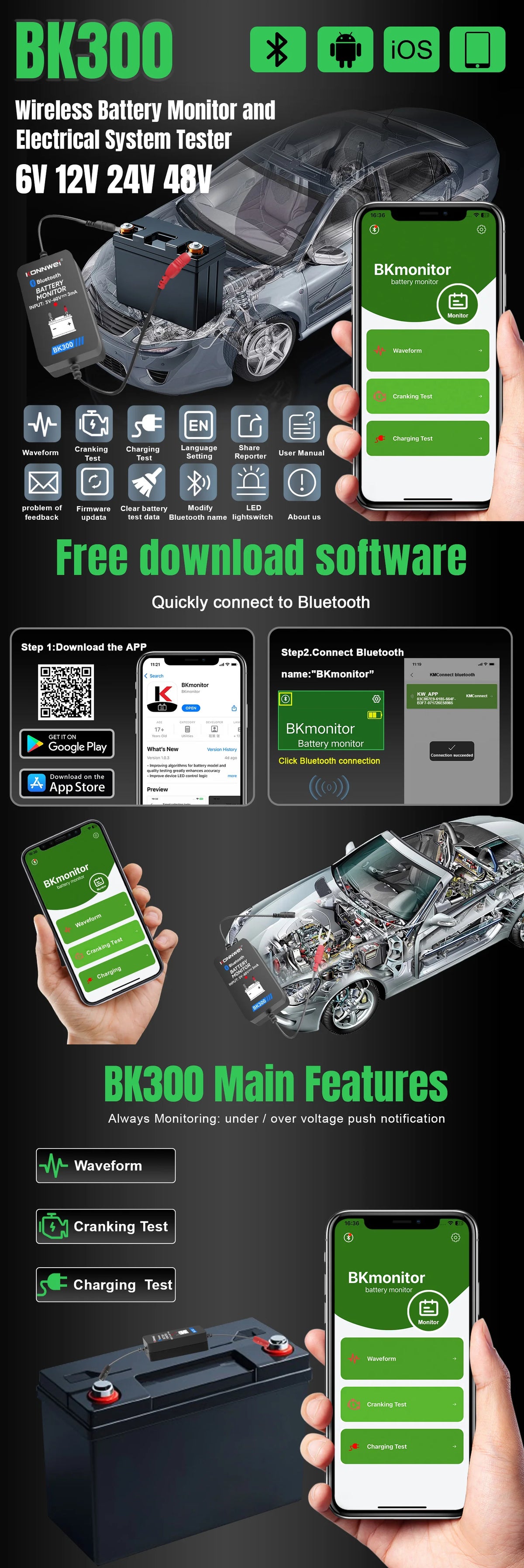 KONNWEI BK300 Tester Bluetooth per Batterie Auto 6V/12V/24V con App Mobile per Auto, Camper, Moto, Camion e Barche