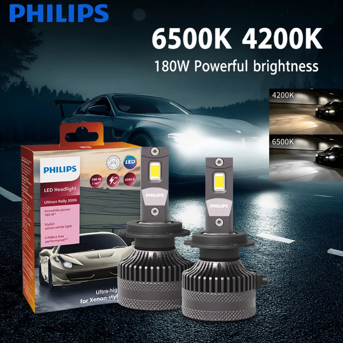 Philips LED 15000lm Ultinon Rally 3590 H4 H7 H8 H11 HB3 HB4 H19 HIR2 H1 Faro per auto 6500K Bianco Potenza massima 180W 12V 4200K U359N