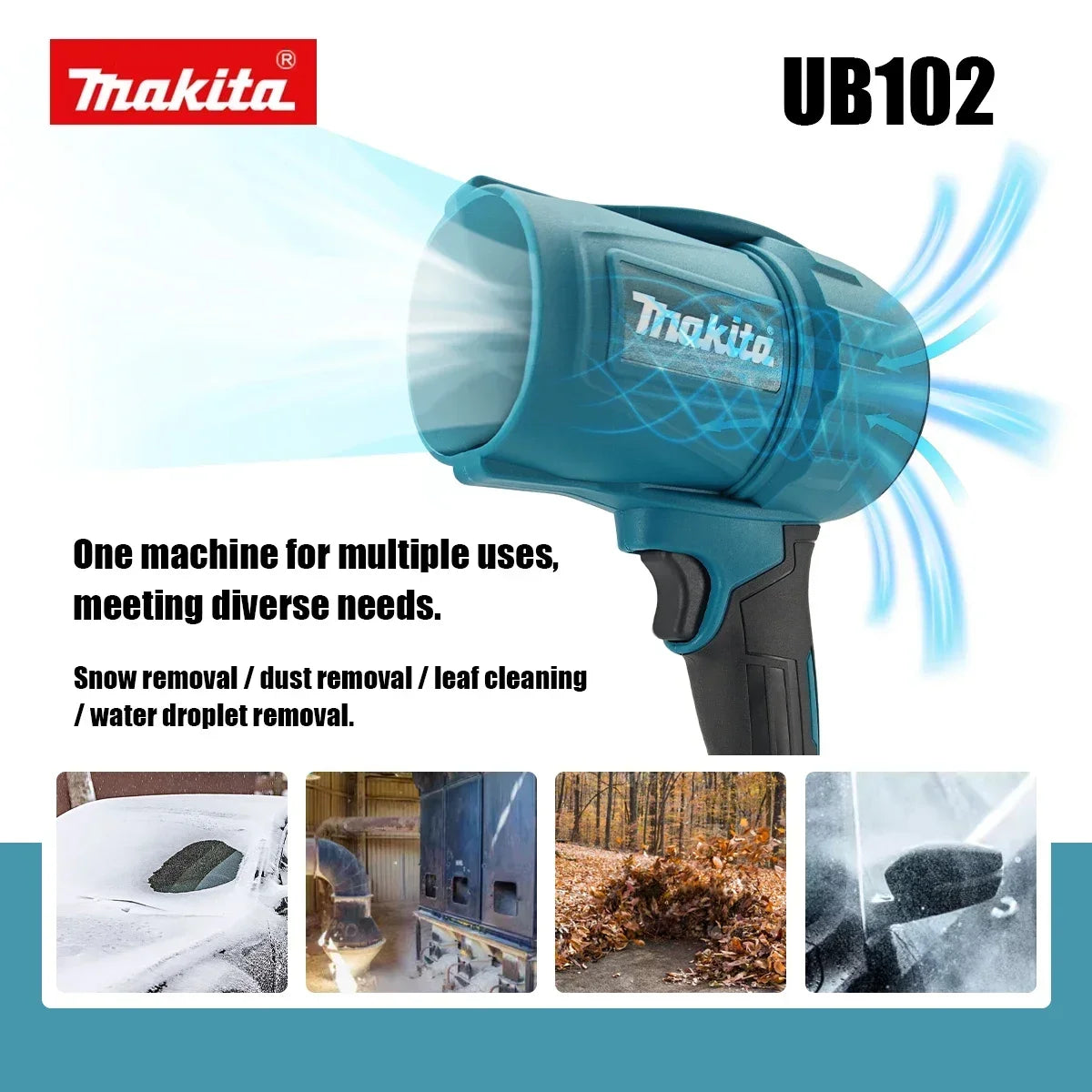 Soffiatore ad alta potenza Makita M306, 1080 W, con elevata capacità di asciugatura, ideale per lavare auto e rimuovere l'acqua dalle superfici.