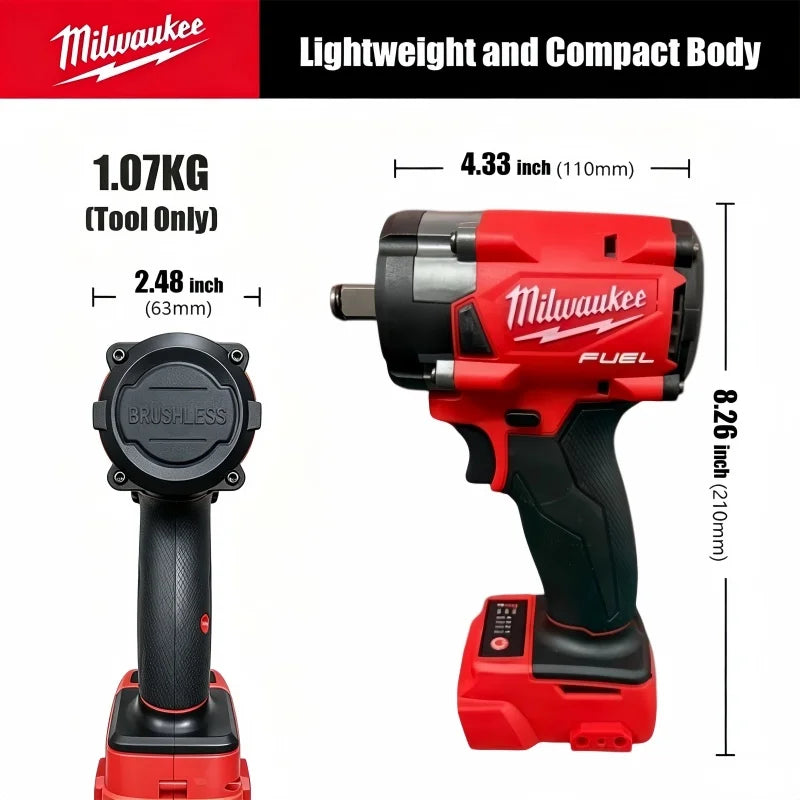M18 Milwaukee 1/2' FUEL Avvitatore a impulsi brushless senza fili 600N.m 3500RPM con 3 luci LED, chiave dinamometrica compatta, utensile elettrico