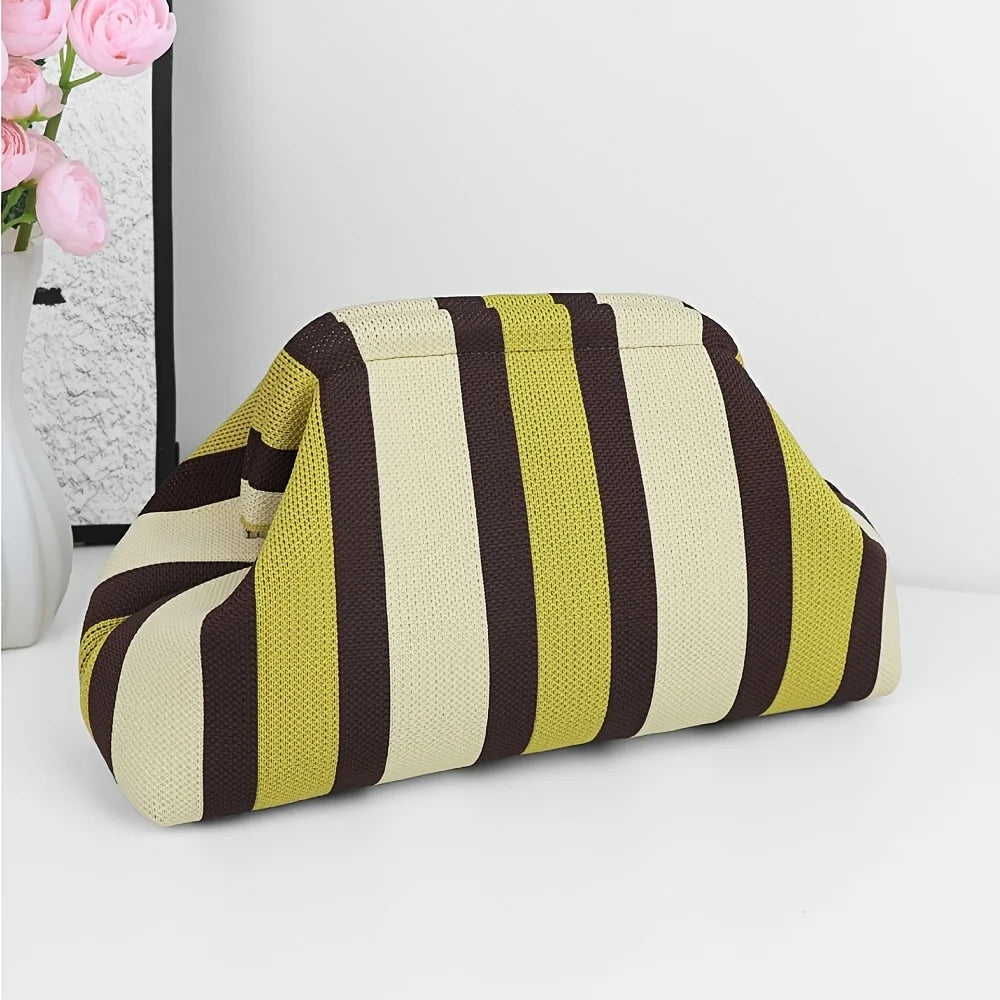 Nuova borsa intrecciata traforata a righe, borsa a mano in maglia, versatile borsa portatile per cosmetici