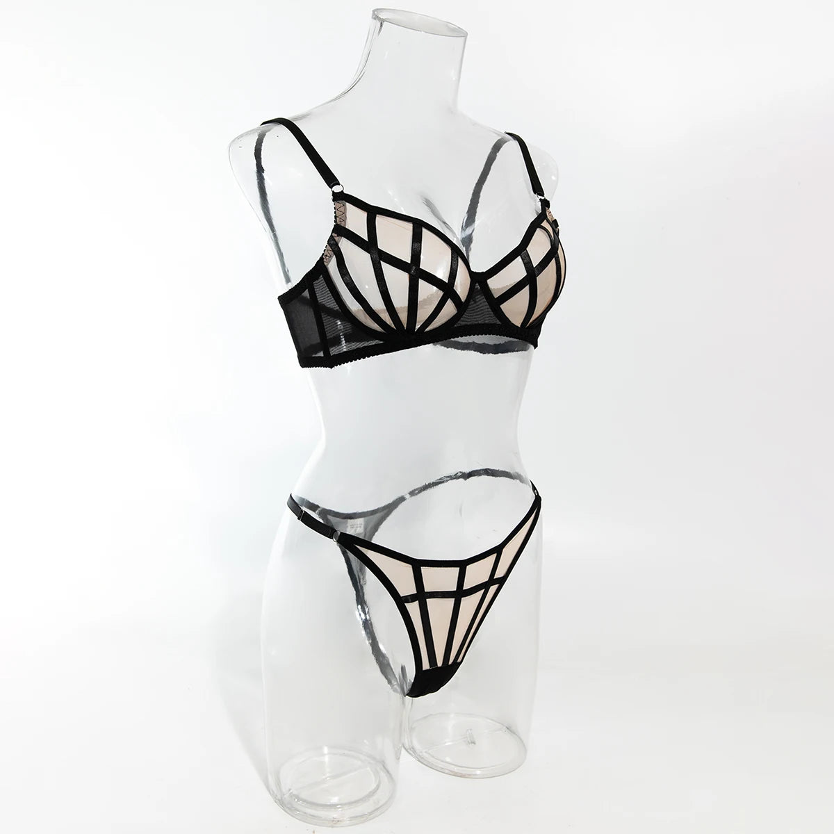Saldi di liquidazione: Completi intimo sexy a quadri irregolari, 2 pezzi, con inserti in rete trasparente, reggiseni e perizomi, abiti erotici intimi