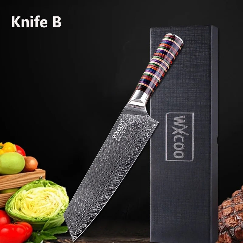 Coltelli da Cucina Professionali WXCOO in Acciaio Damascato con Scatola, Coltello Giapponese per Affettare, Coltello Domestico per Frutta e Verdura, Coltello da Disosso a 67 Strati