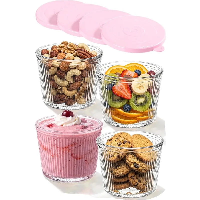Set di 4/6 Piccole Ciotole in Vetro con Coperchio, Contenitori Impilabili in Vetro Trasparente a Righe per Dessert, Budini, Salse, Salse Piccanti, Noci, Avena, Caramelle, Dolciumi