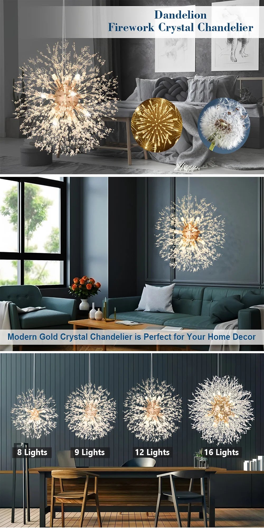 Lampadario di Lusso IRALAN a Soffitto, Lampada a Sospensione in Cristallo a Forma di Soffione, Luce a 3 Colori, Lampade a LED per Tavolo da Pranzo e Soggiorno
