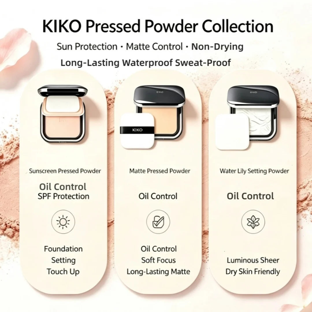 KIKO Cipria compatta per il viso, effetto matte, protezione solare, fissante, controllo del sebo, lunga durata, con specchio e applicatore a forma di piumino, adatta a tutti i tipi di pelle.