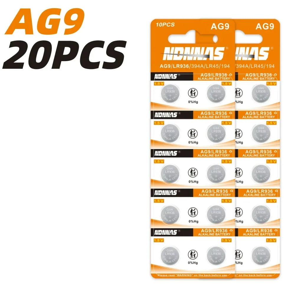 Batterie AG9 SR936SW/394 1.55V Alcaline a Bottone Ideali per Apparecchi Acustici, Orologi, Calcolatrici, Termometri, Giocattoli ecc.