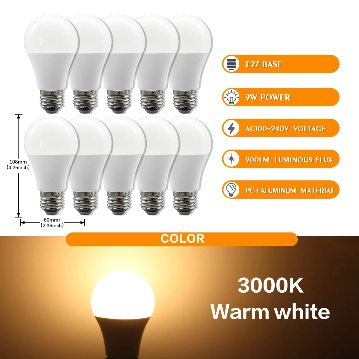10 Lampadine LED E27 2200K 3000K 4000K 6000K AC100-240V Rosso Verde Illuminazione Colorata di Alta Qualità in Vetro PC per Arredamento Casa