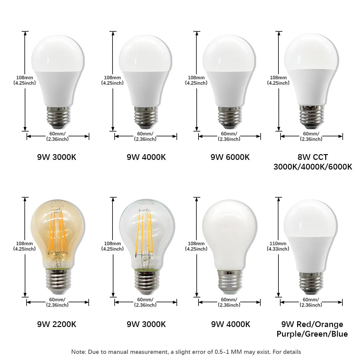 10 Lampadine LED E27 2200K 3000K 4000K 6000K AC100-240V Rosso Verde Illuminazione Colorata di Alta Qualità in Vetro PC per Arredamento Casa