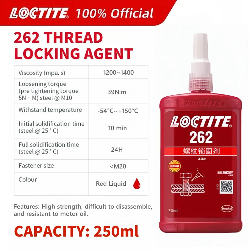 100% originale Loctite 262 Colla per viti Rosso Frenafiletti ad alta resistenza Colla anaerobica Fissatore per viti