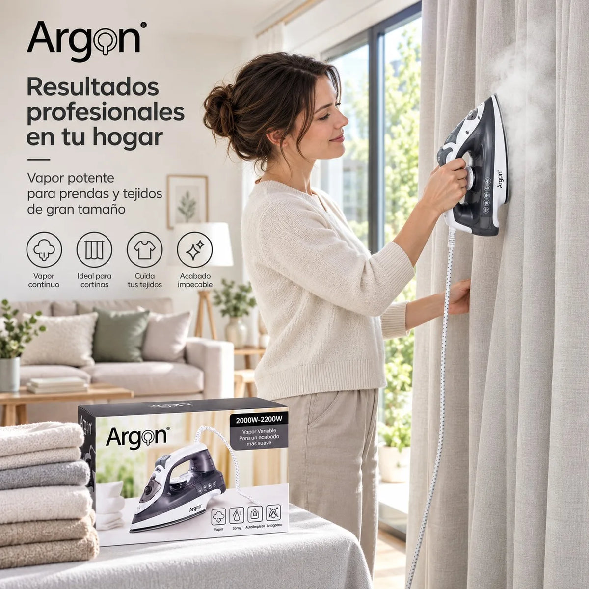 Ferro da stiro professionale a vapore da 2200 W, con piastra in ceramica scorrevole, sistema anti-goccia e autopulente, per stirare sia in verticale che in orizzontale capi in cotone e lino.